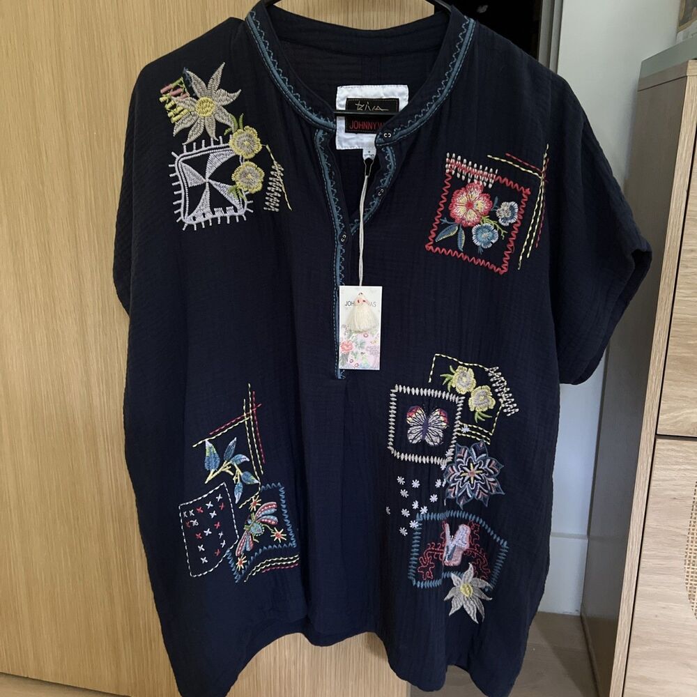 Johnny Was Biya Zeke Blouse Gauze Size Small Tunic Top Navy Blue Boho NWT!